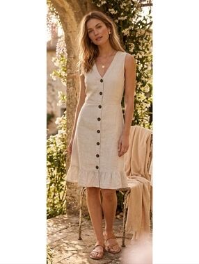 Monteau Los Angeles Linen Blend Button Down Ruffle Hem Dress Beige Size XL